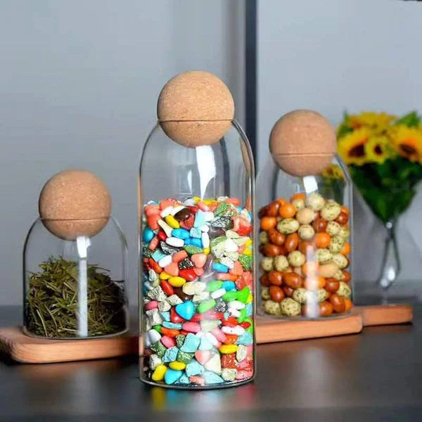 Open ball cork transparent jar with bamboo lid