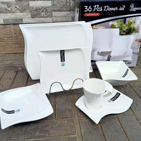 White Plain 36pcs Rectangular Shaped Dinner Set