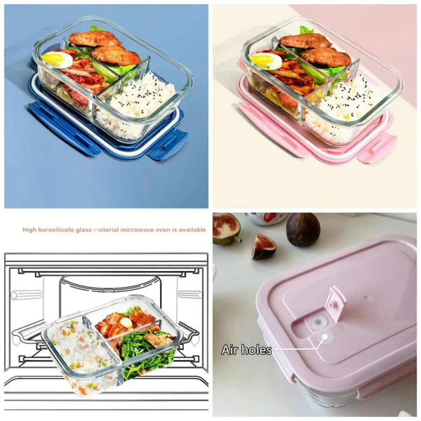 3 Grid Microwave 1200mls- Safe Borosilicate Glass Lunch Box