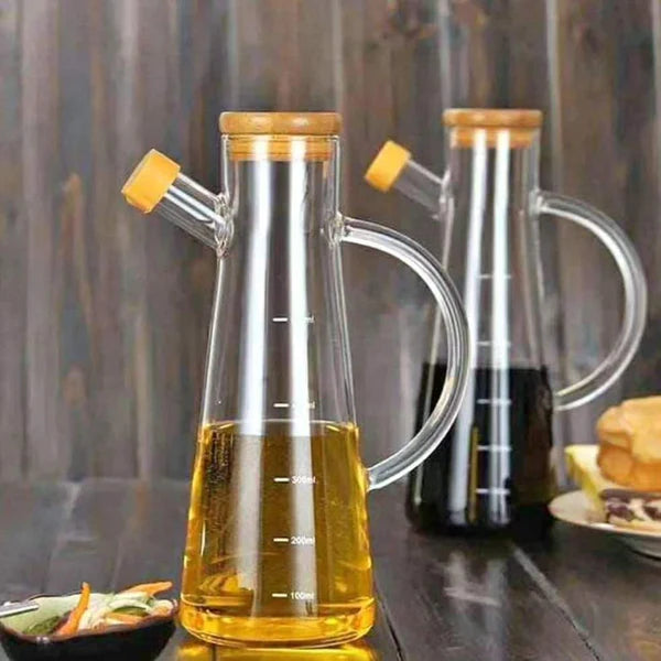 Oil /vinegar glass dispenser with bamboo lid cover