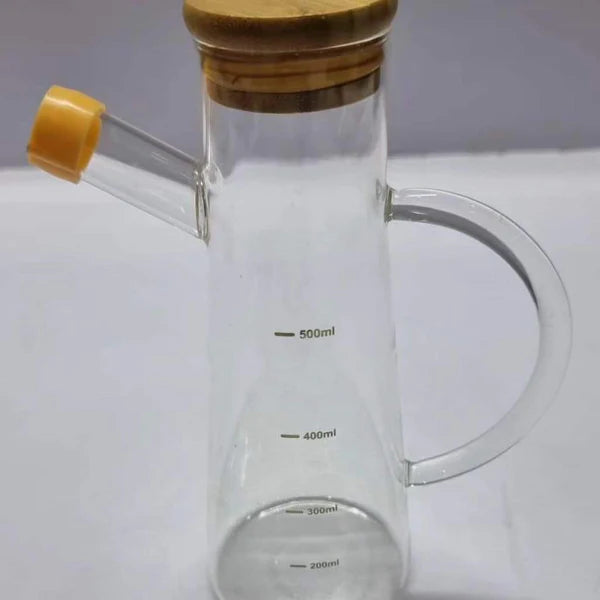 Oil /vinegar glass dispenser with bamboo lid cover