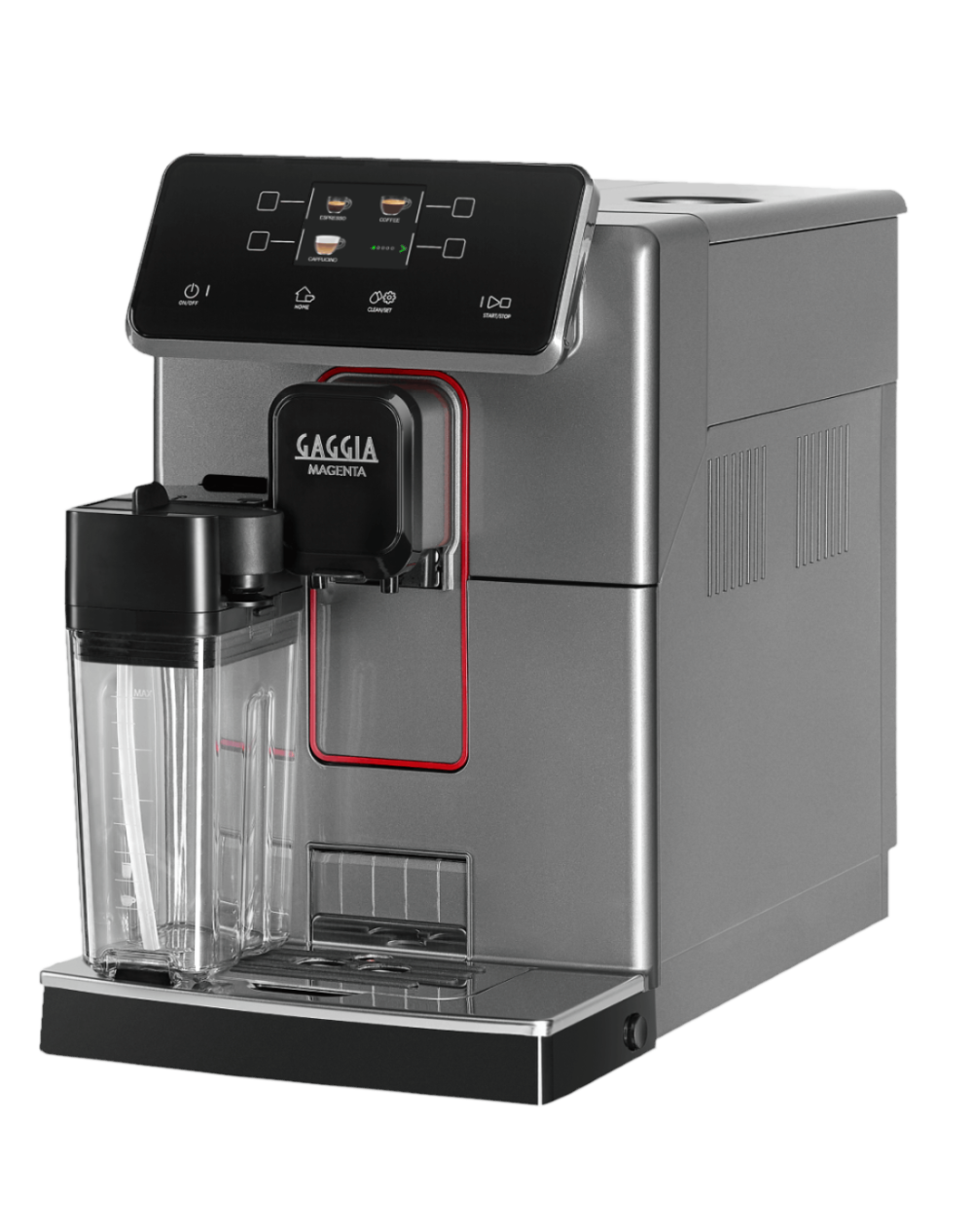 Gaggia Magenta Prestige bean to cup coffee machine in Glazed Grey with milk carafe, angled still-life view