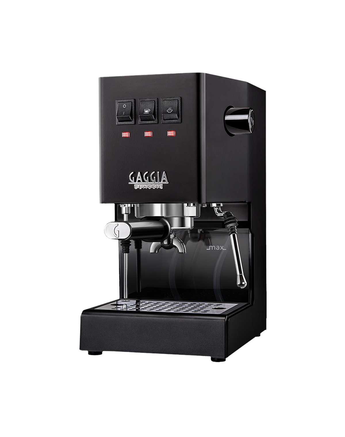Gaggia Classic E24 manual espresso machine in Thunder Black, three-quarter front view on a white background
