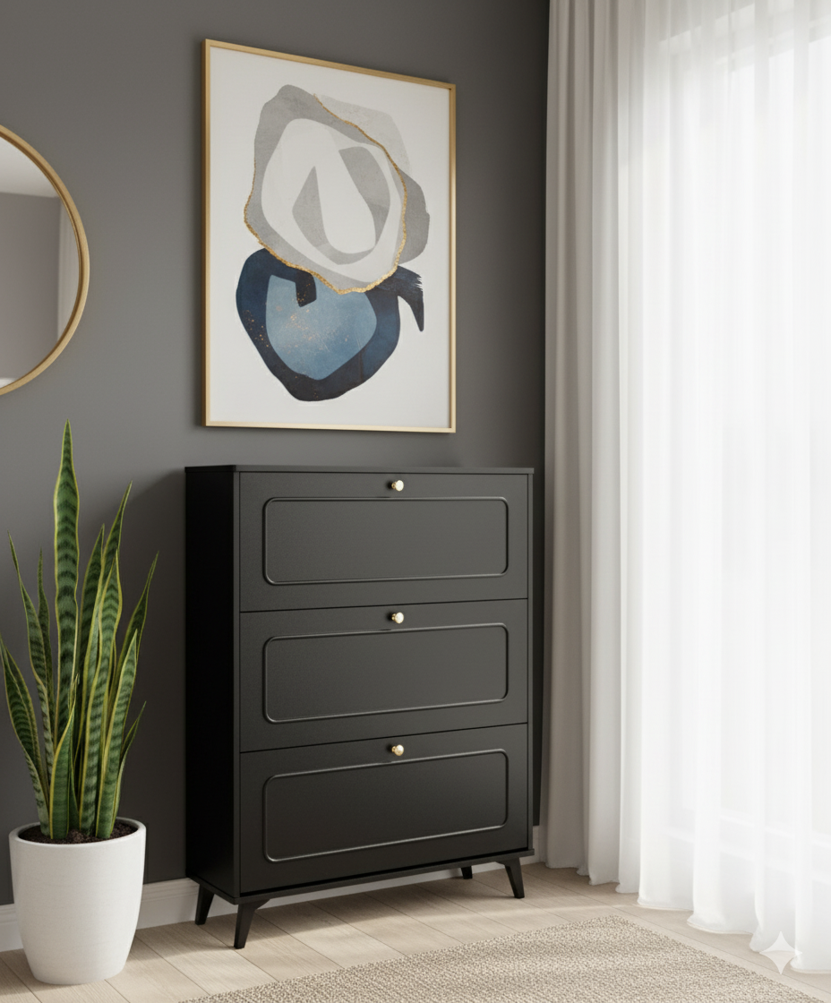 Entryway Shoe Cabinet Organizer Grey Triple-Layer Flip Rack with Golden Details