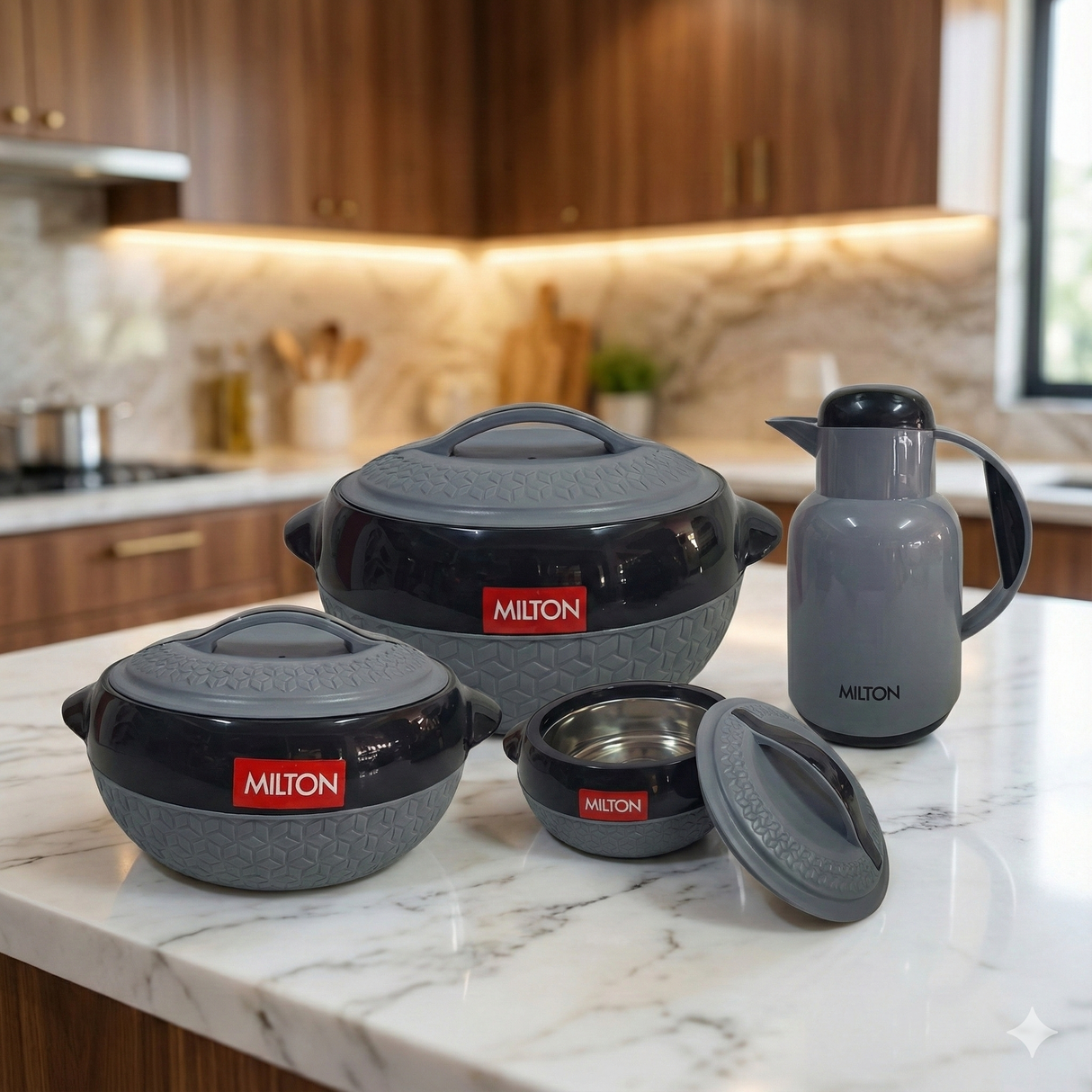 Milton Matrix Hotpot Set 4 Pcs 1000ml 1500ml 2500ml Food Containers + 1000ml Flask for Hot Meals and Drinks