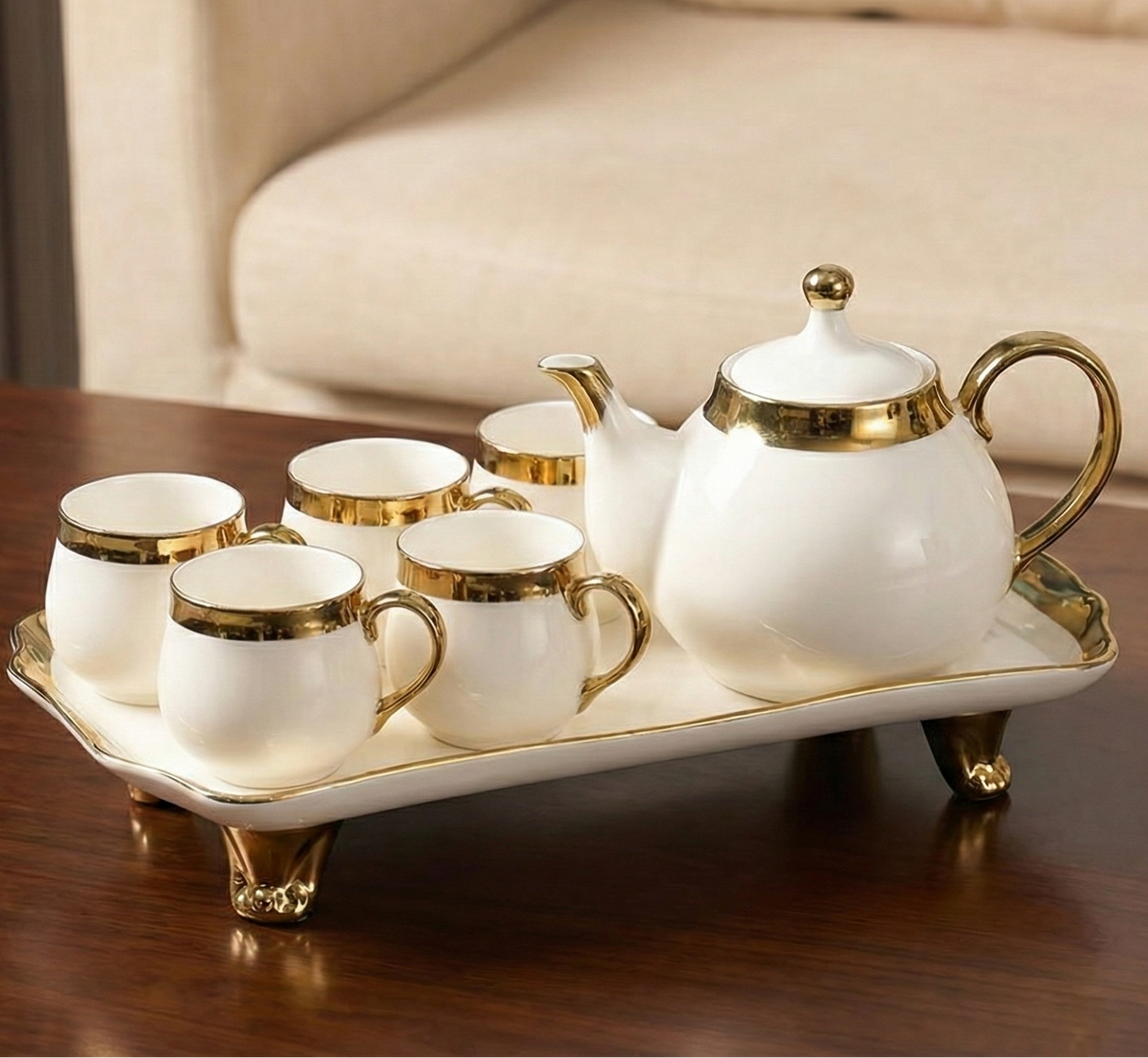 Tea Set For Adults Modern Tea Cup Teapot Set With Tray Emerald Ceramic Teapot Coffee Cups Set For Drinking Tea Latte Water,White