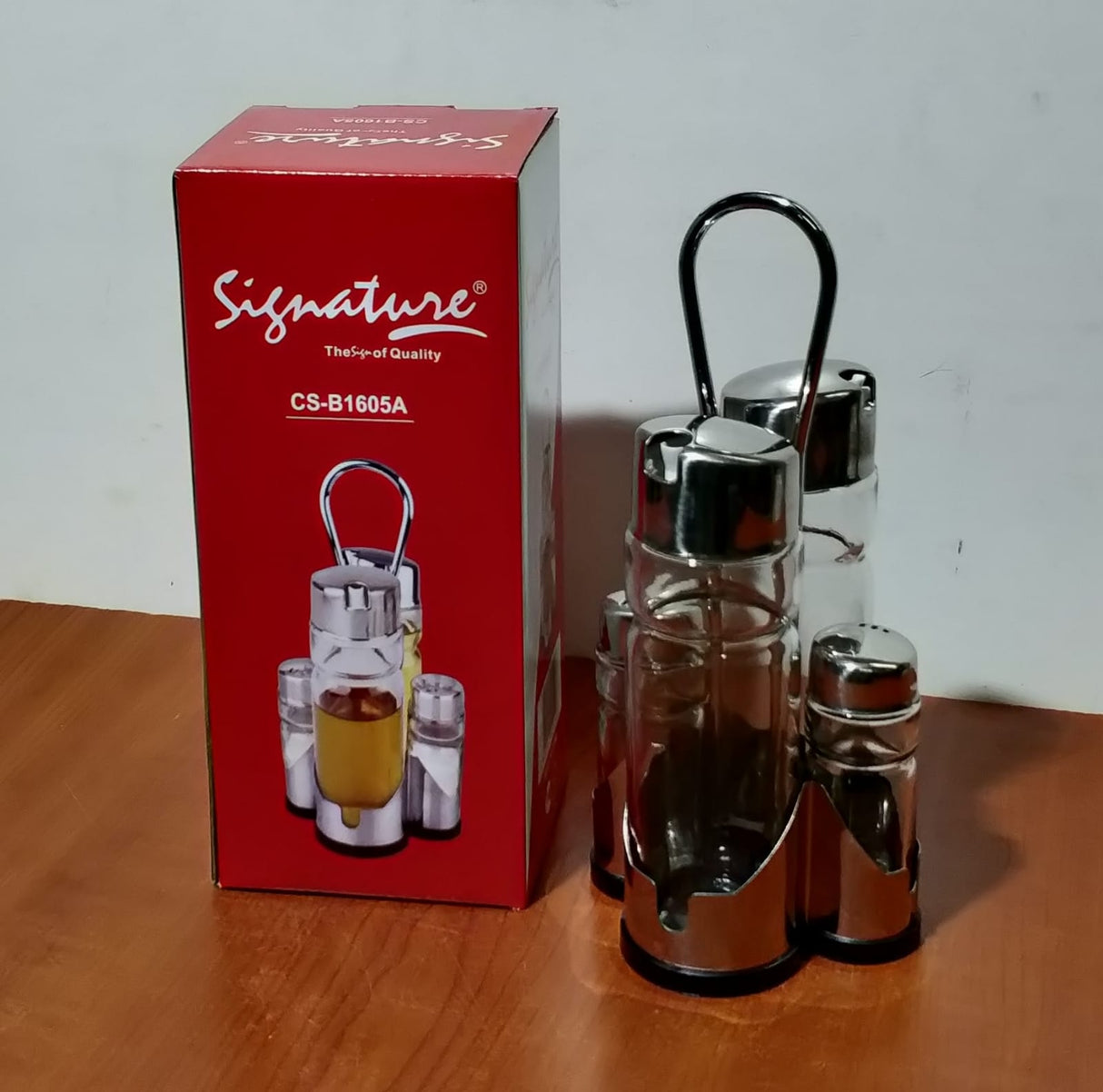 Glass kitchen set 2pc oil jar and 2pcs Salt shaker with holder