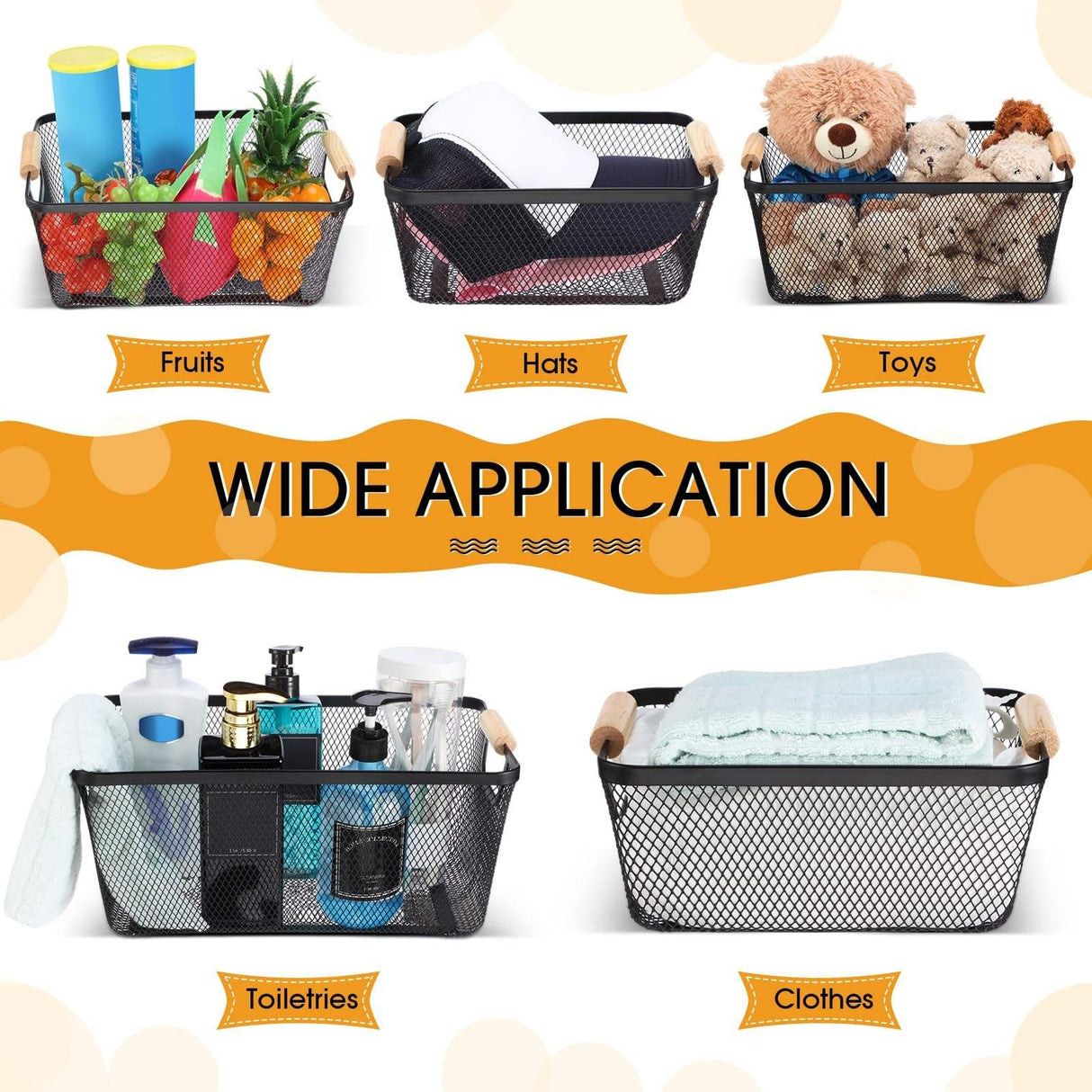 1 Pcs Steel Mesh Storage Organizer Basket, Multifunctional Metal Wire Hanging Kitchen Baskets, Fruit Basket with Wooden Handle, Ideal for Kitchen, Bathroom, Pantry, Cabinet, Home
