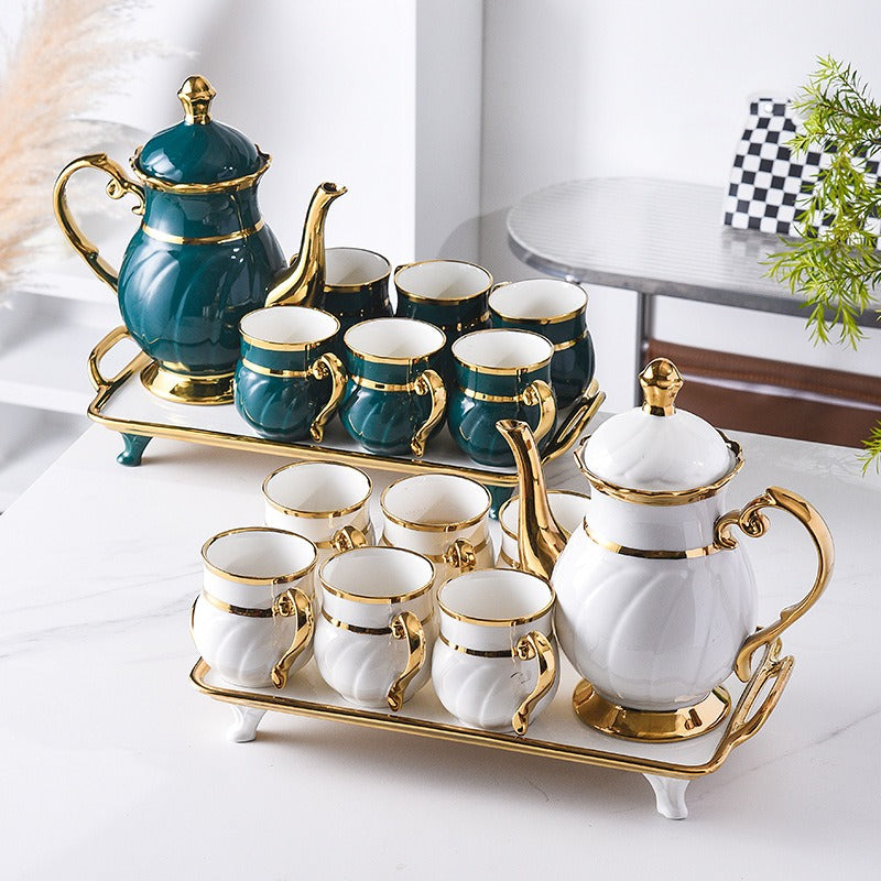 8 Pcs Gold Rim Porcelain Tea Cup Set with Teapot and Serving Tray Ceramic Coffee and Tea Set