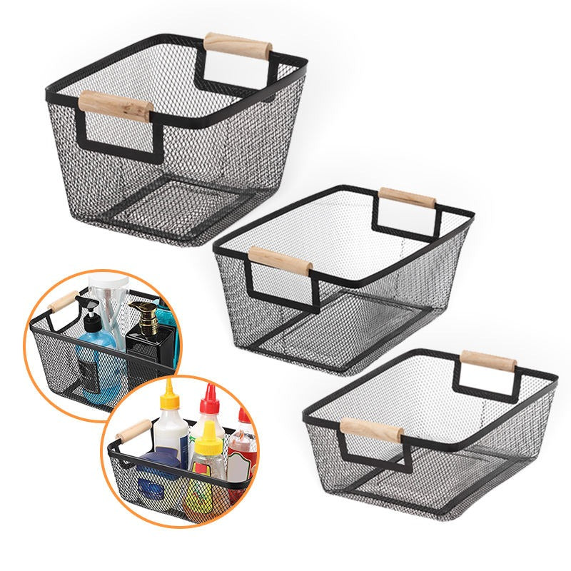 1 Pcs Steel Mesh Storage Organizer Basket, Multifunctional Metal Wire Hanging Kitchen Baskets, Fruit Basket with Wooden Handle, Ideal for Kitchen, Bathroom, Pantry, Cabinet, Home