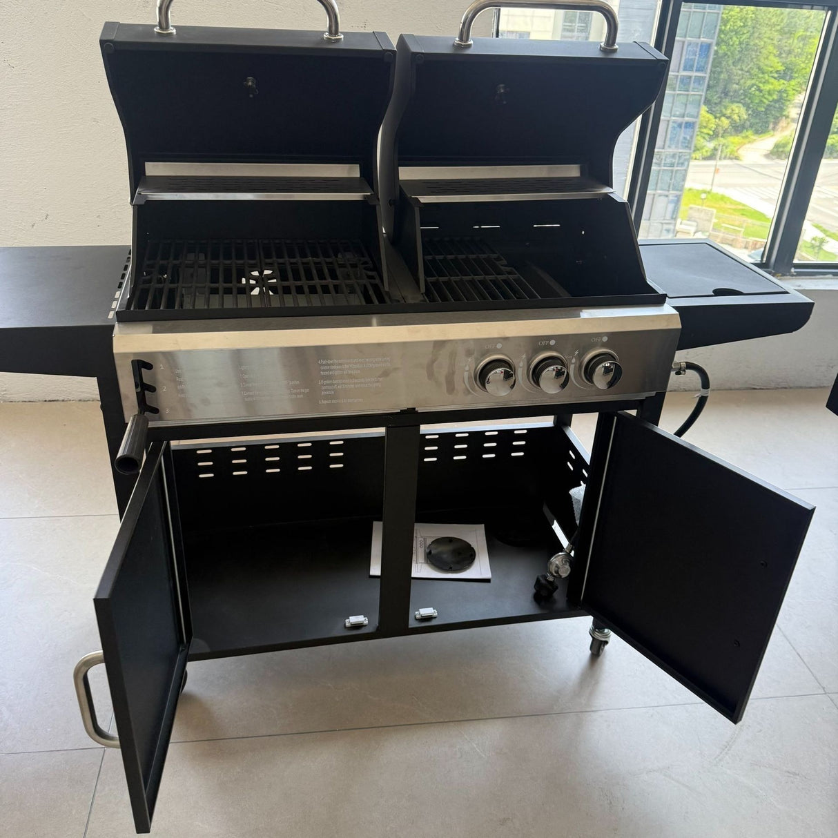 2-in-1 Gas & Charcoal BBQ Spit Roaster with Trolley Outdoor Grill for Garden & Camping