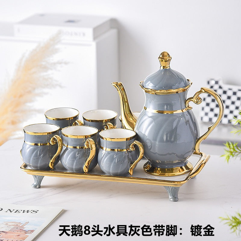 8 Pcs Gold Rim Porcelain Tea Cup Set with Teapot and Serving Tray Ceramic Coffee and Tea Set