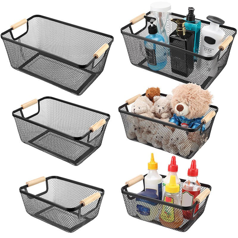 1 Pcs Steel Mesh Storage Organizer Basket, Multifunctional Metal Wire Hanging Kitchen Baskets, Fruit Basket with Wooden Handle, Ideal for Kitchen, Bathroom, Pantry, Cabinet, Home