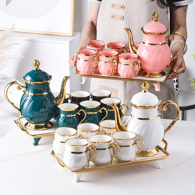 8 Pcs Gold Rim Porcelain Tea Cup Set with Teapot and Serving Tray Ceramic Coffee and Tea Set