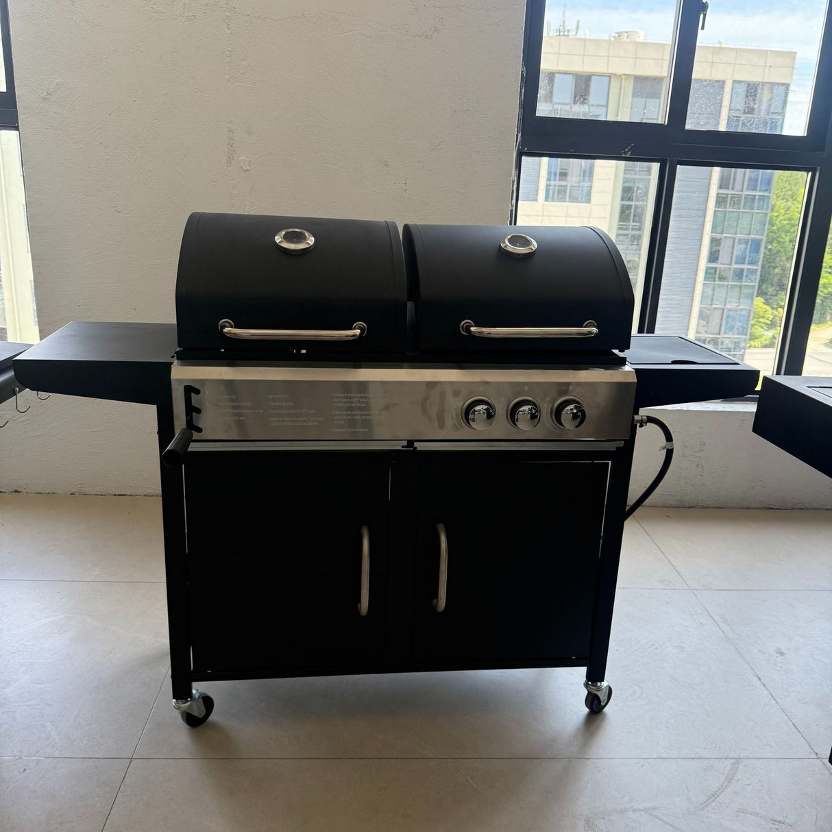 2-in-1 Gas & Charcoal BBQ Spit Roaster with Trolley Outdoor Grill for Garden & Camping