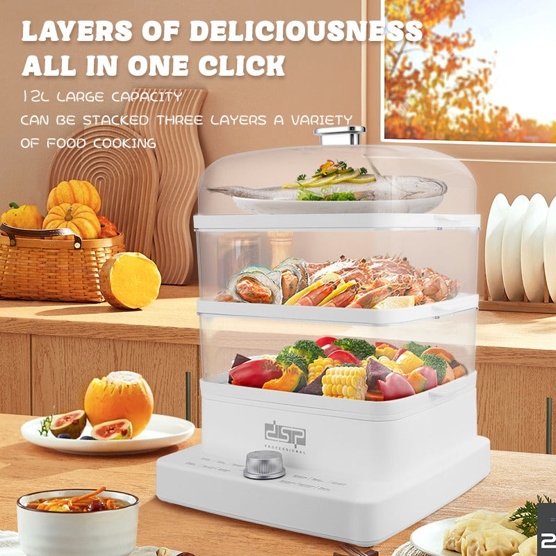 DSP 12L Large-Capacity 3-Tier Electric Food Steamer Timer-Controlled for Vegetables, Stews, Seafood & More (1200W)