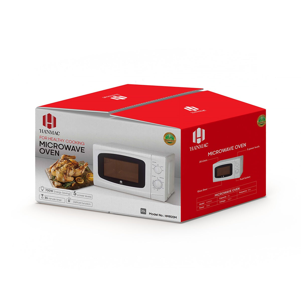 Hanmac 20L Manual Microwave with 5 Power Levels, 35-Min Timer & Defrost – 2-Year Warranty