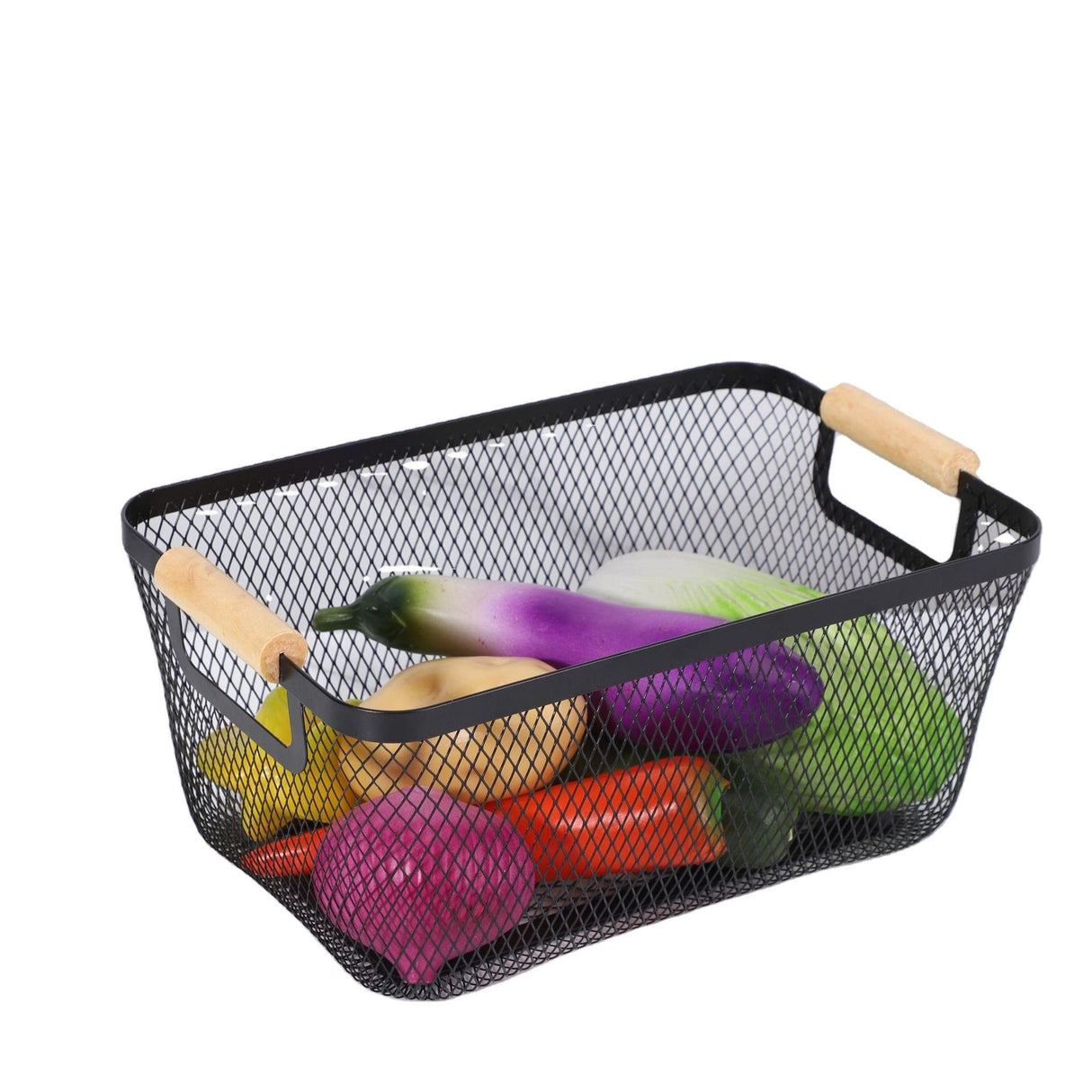 1 Pcs Steel Mesh Storage Organizer Basket, Multifunctional Metal Wire Hanging Kitchen Baskets, Fruit Basket with Wooden Handle, Ideal for Kitchen, Bathroom, Pantry, Cabinet, Home