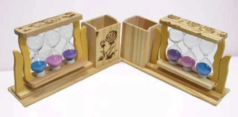 Handicraft Wooden Pen Stand with 3 Hourglass Timer