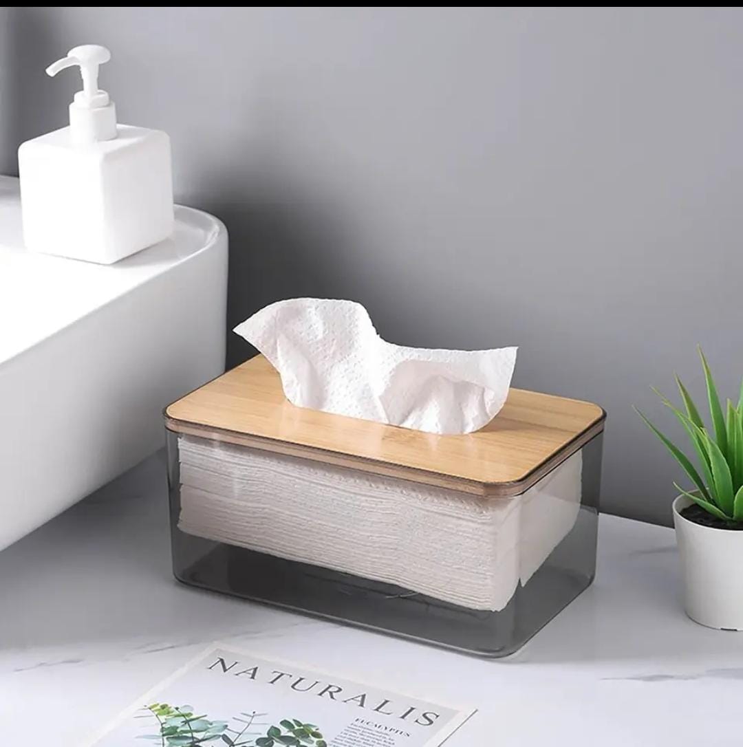 Acrylic transparent serviette holder with bamboo cover.