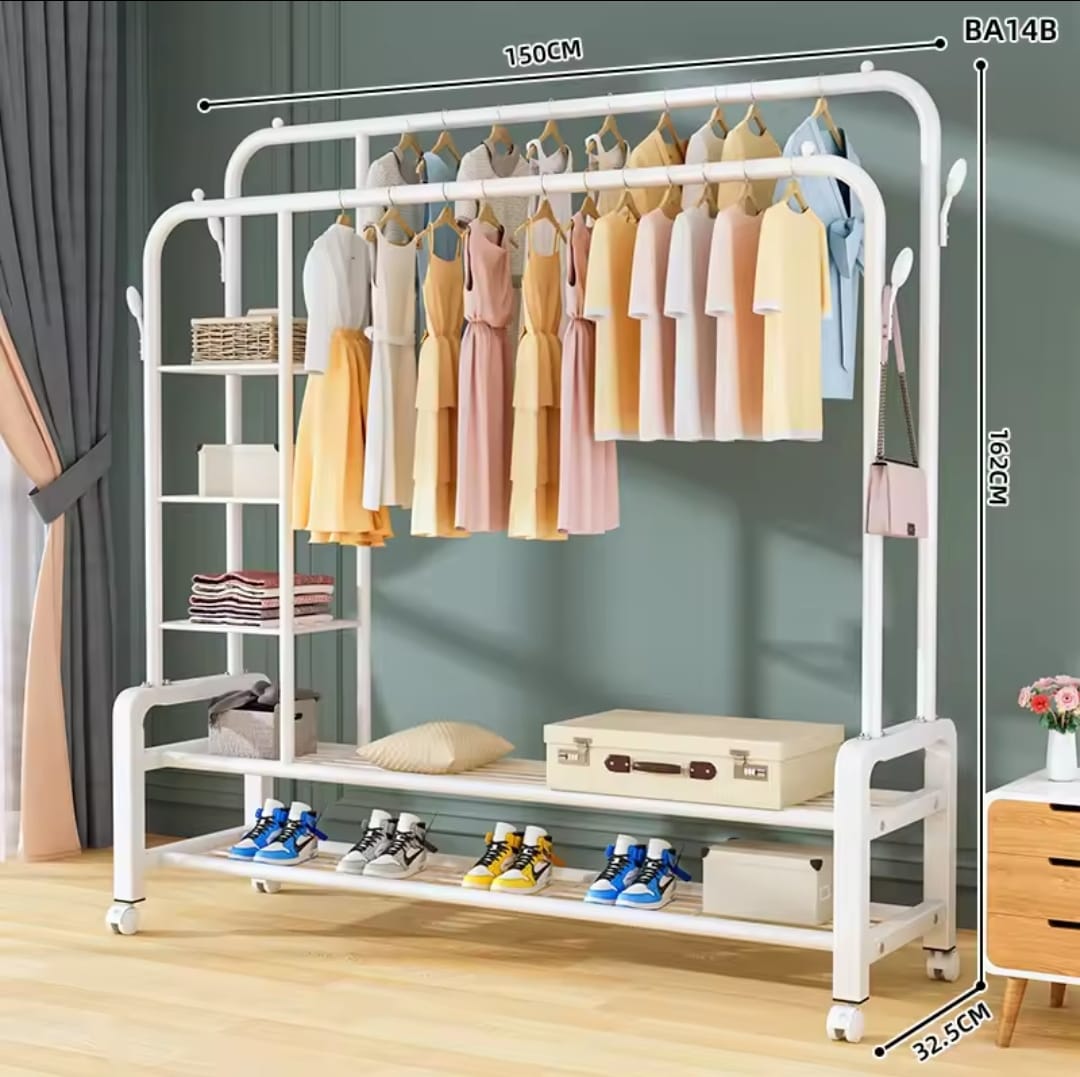 Double Layer Garment Rack Floor Standing Clothes Hanger