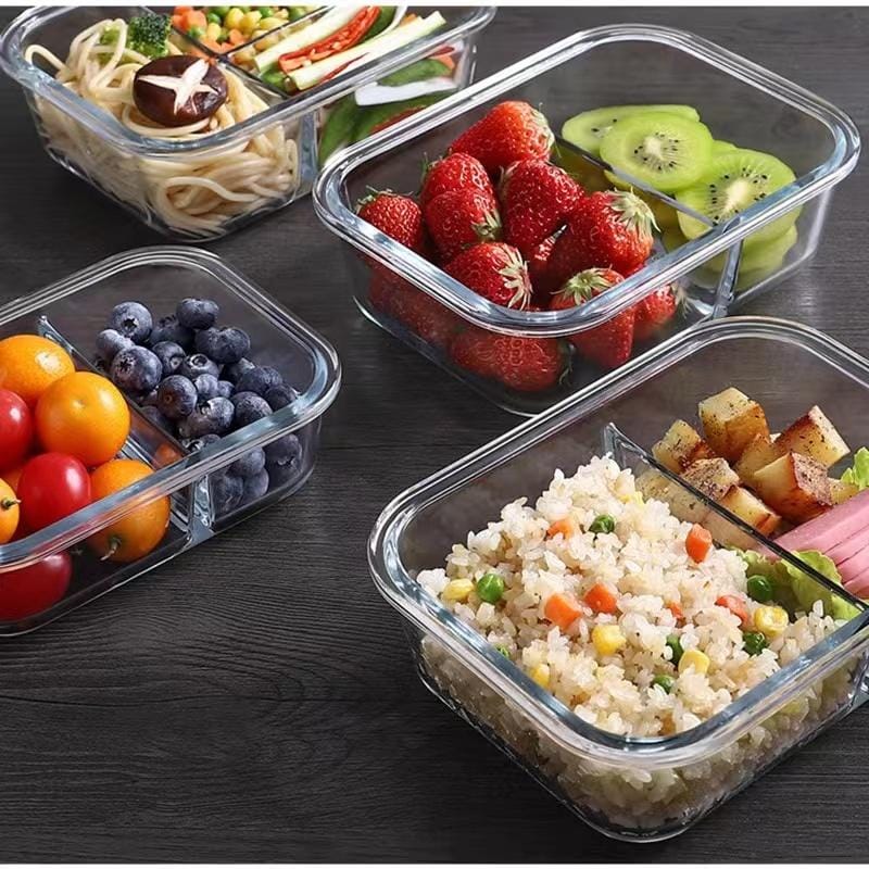 580ml High Borosilicate Glass Partitioned Lunch Box with Airtight Lid for Meal Prep