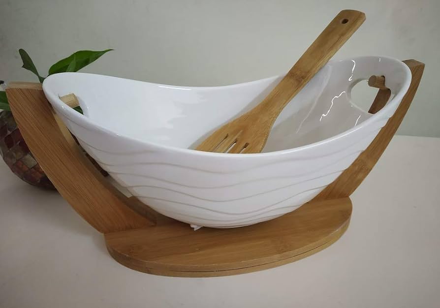 Ceramic fruit bowl on bamboo base