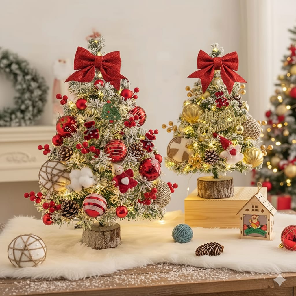 Table top Christmas tree with decor and lights