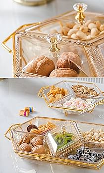 Diamond shaped acrylic dish on metallic golden frame nut and candy serving trays