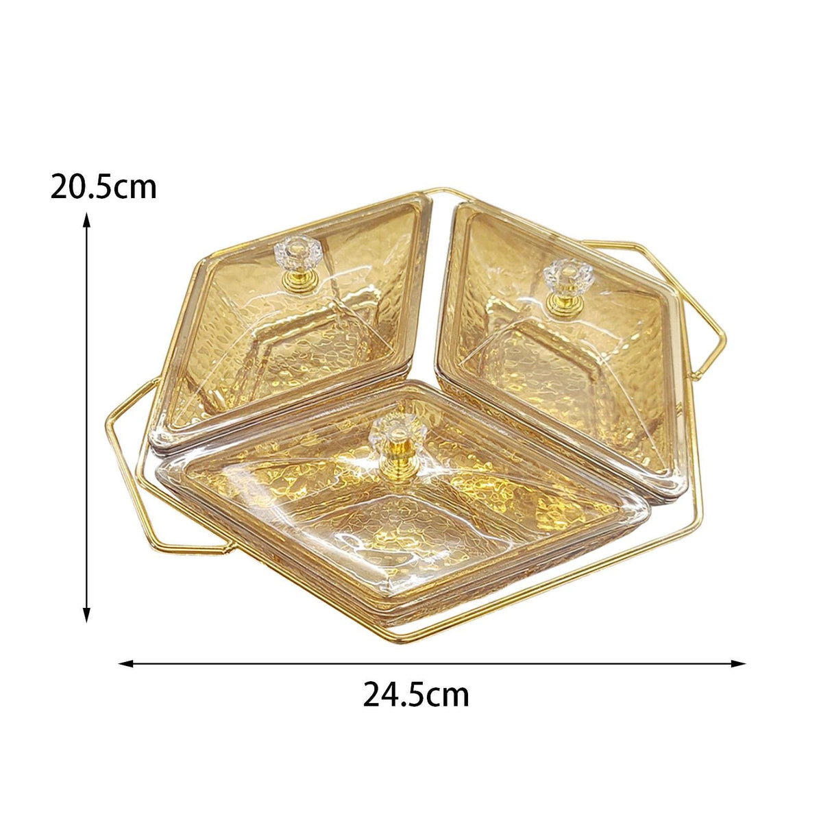 Diamond shaped acrylic dish on metallic golden frame nut and candy serving trays