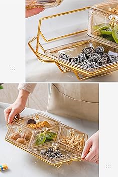 Diamond shaped acrylic dish on metallic golden frame nut and candy serving trays