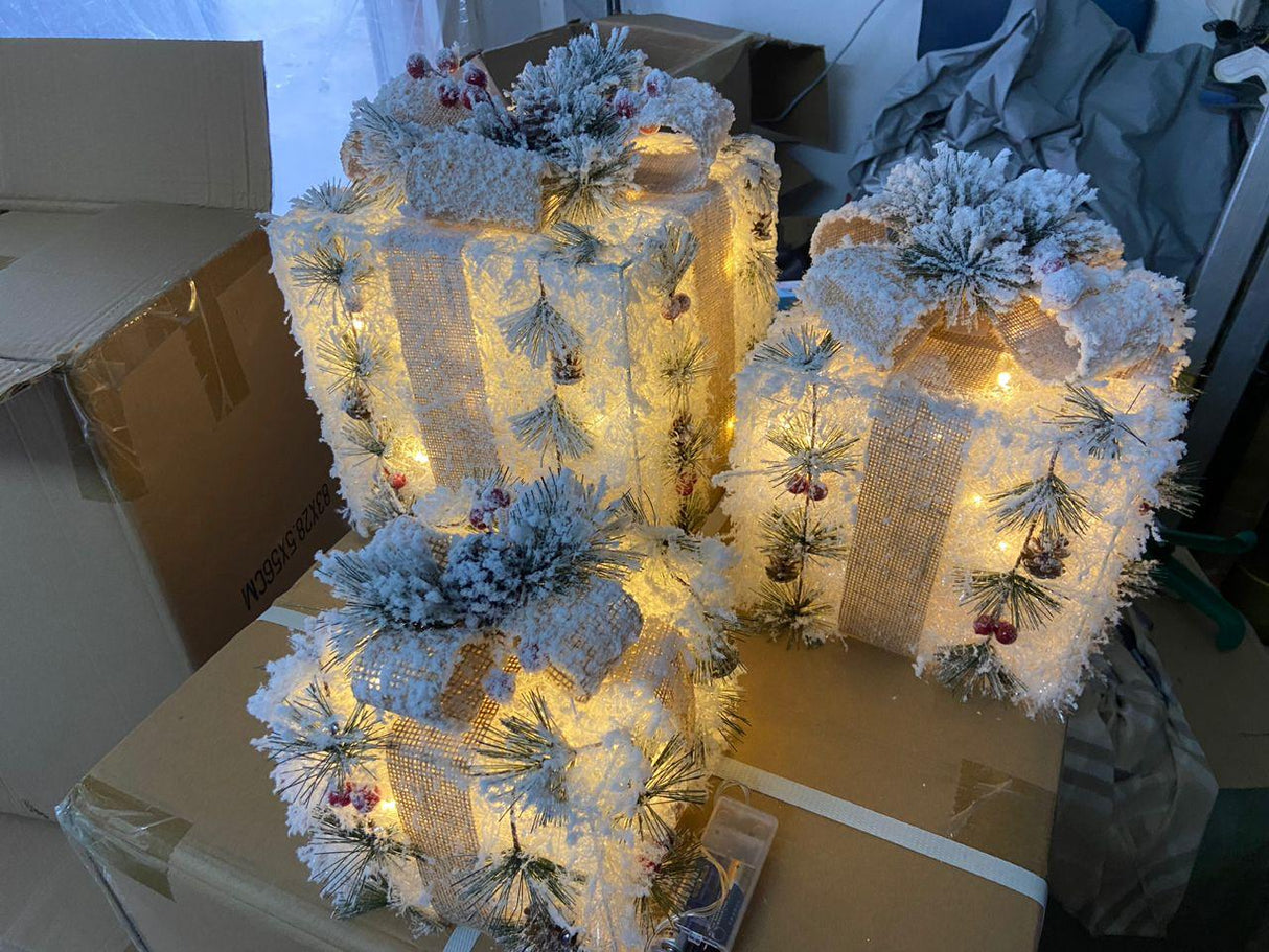 3 Piece Snow Flocked Christmas Light Gift Boxes Set with LED Lights Holiday Decoration for Home and Office