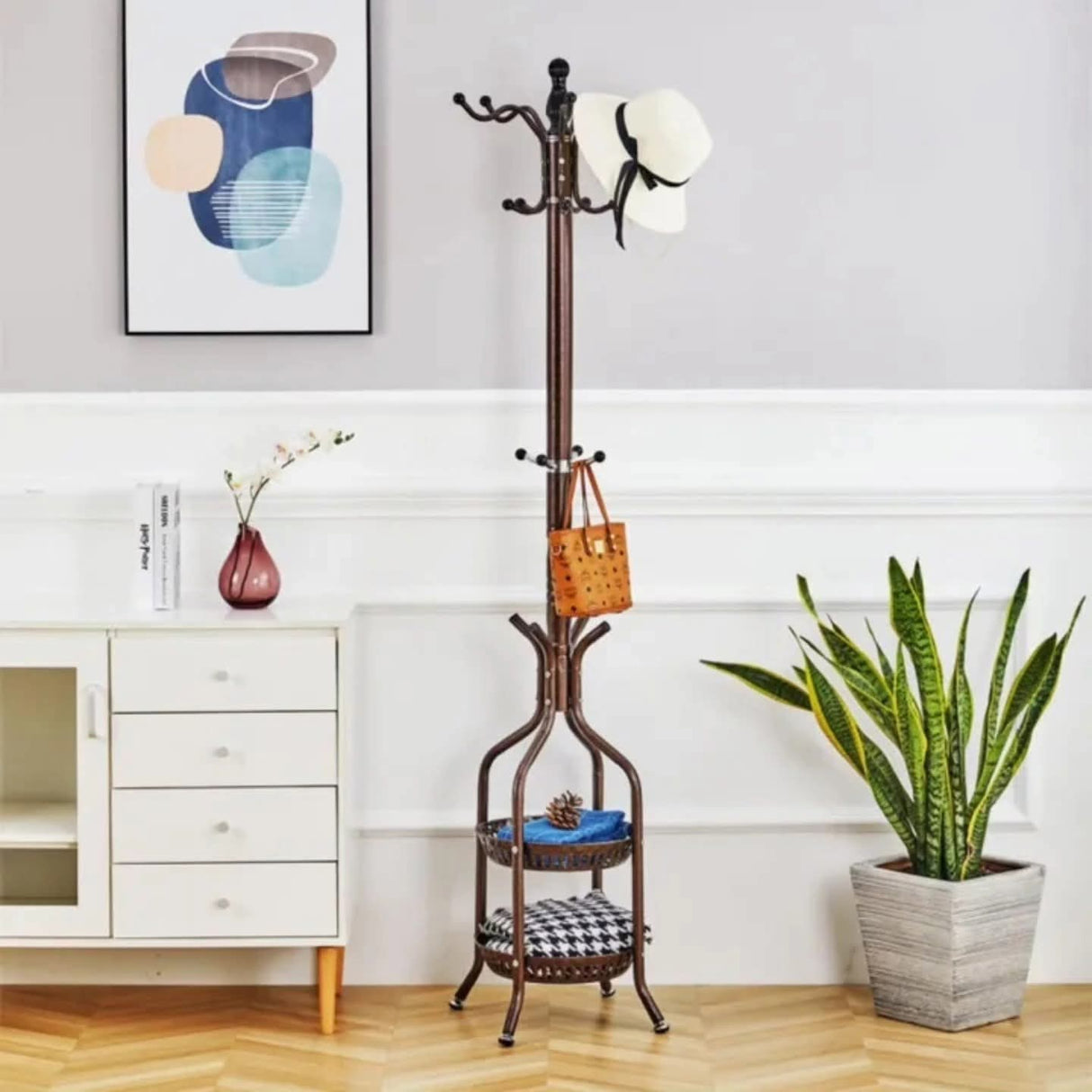 Heavy duty wrought iron coat/handbag floor-standing rack