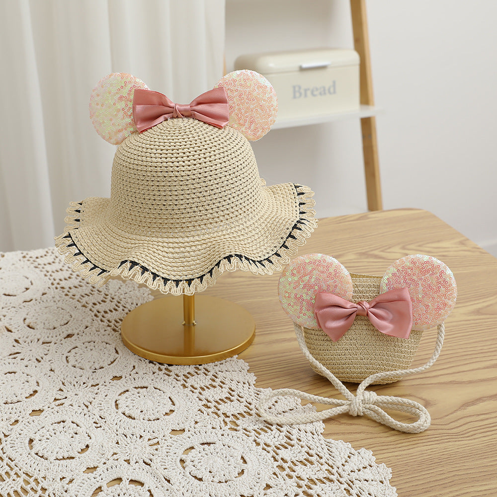 Fashion Kids summer Straw Hat and Bag set with A Bow