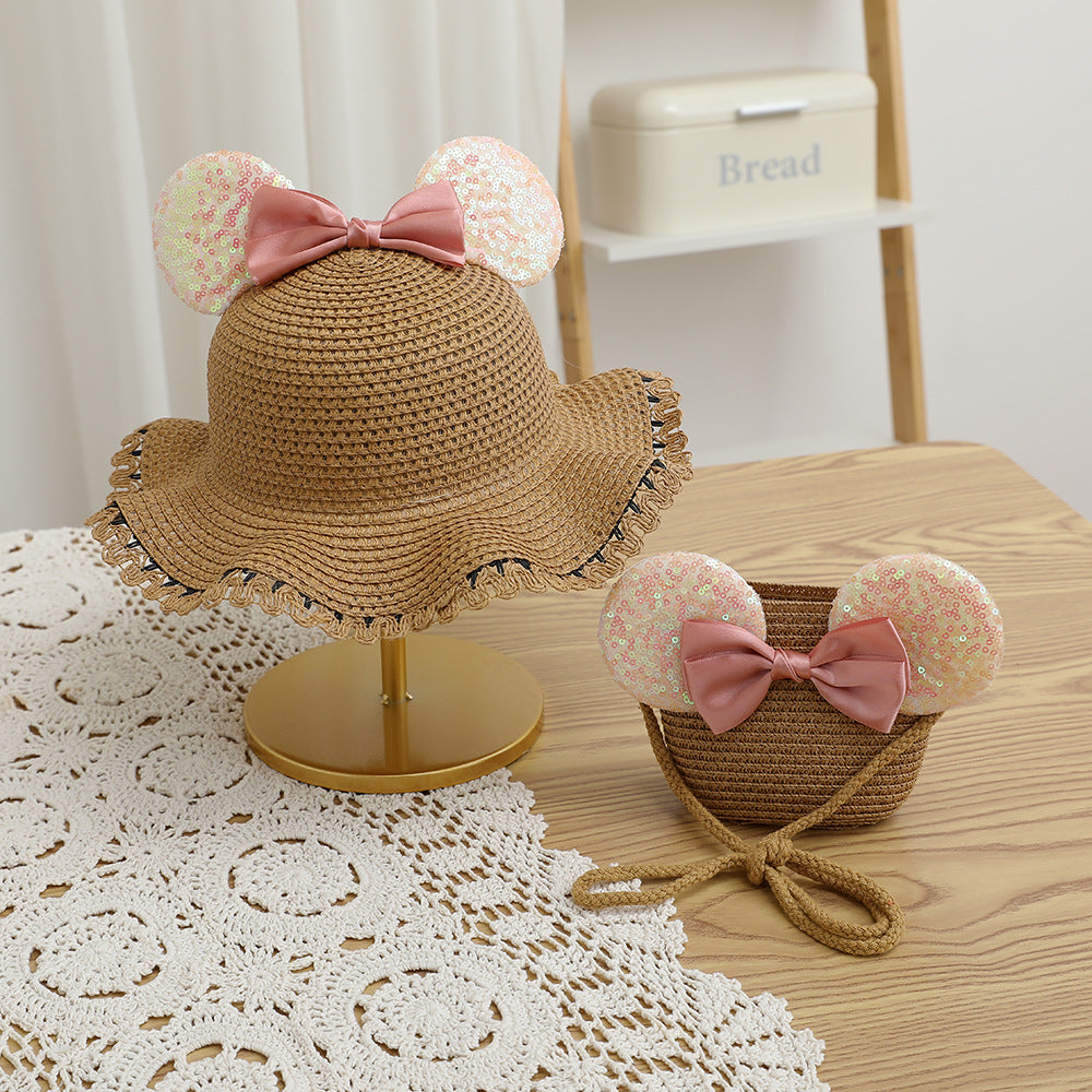 Fashion Kids summer Straw Hat and Bag set with A Bow