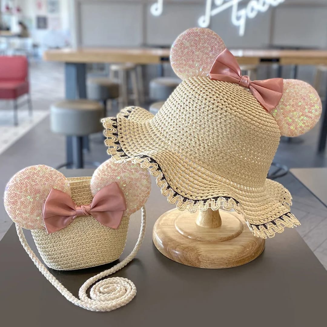 Fashion Kids summer Straw Hat and Bag set with A Bow