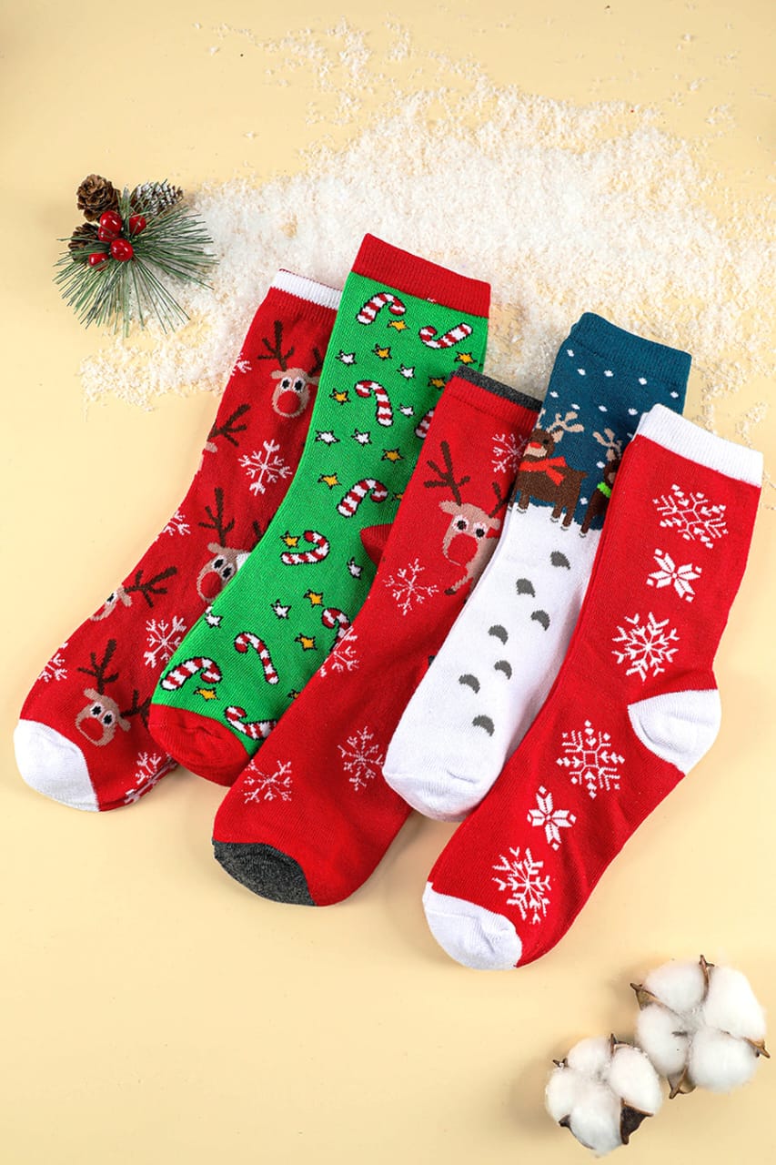 5 pcs Gift Pack Set Christmas Themed Woolen socks mid-tube socks