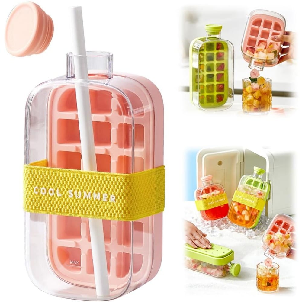 2-in-1 ice cube bottle with an integrated ice cube tray and a straw