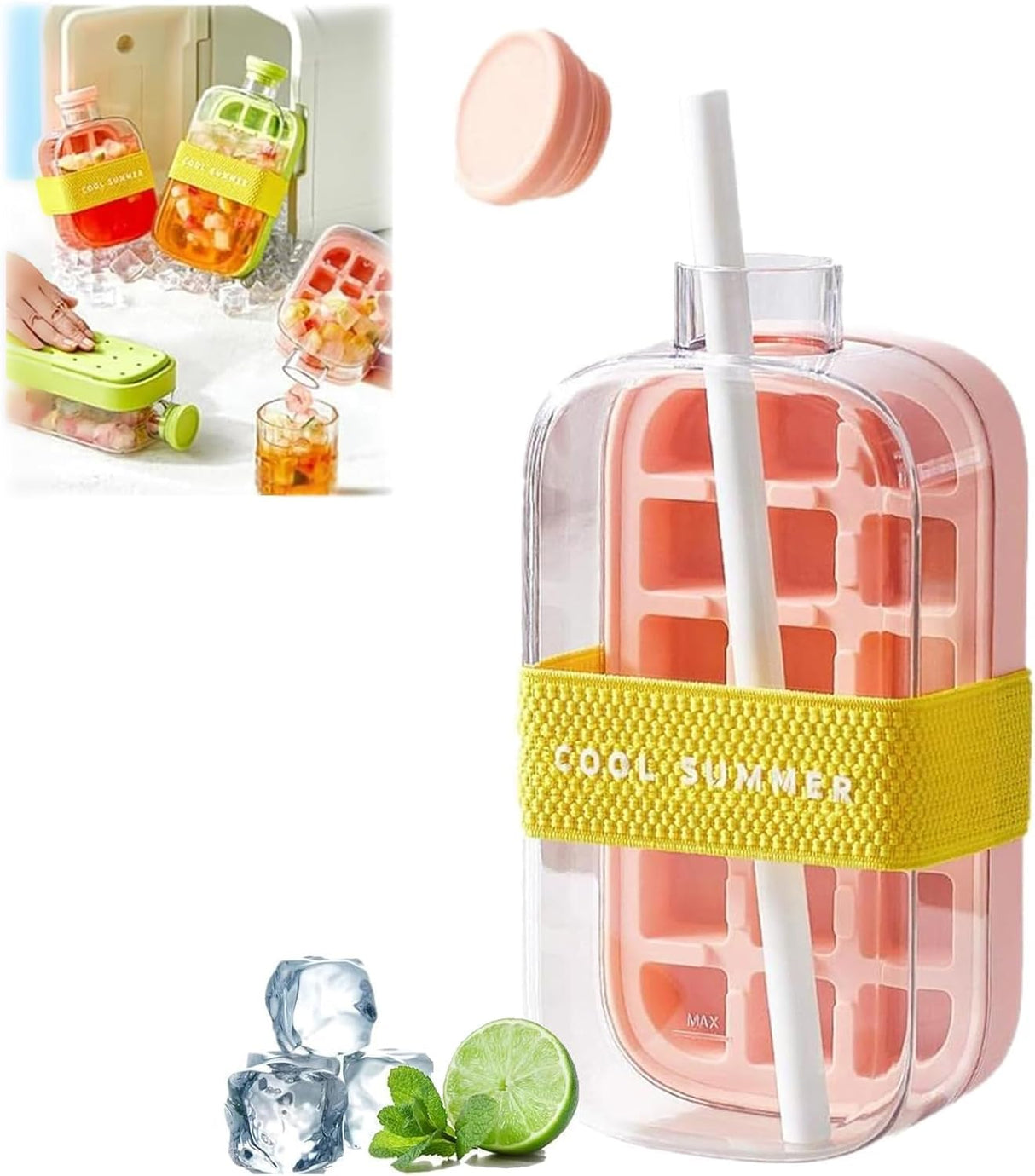 2-in-1 ice cube bottle with an integrated ice cube tray and a straw