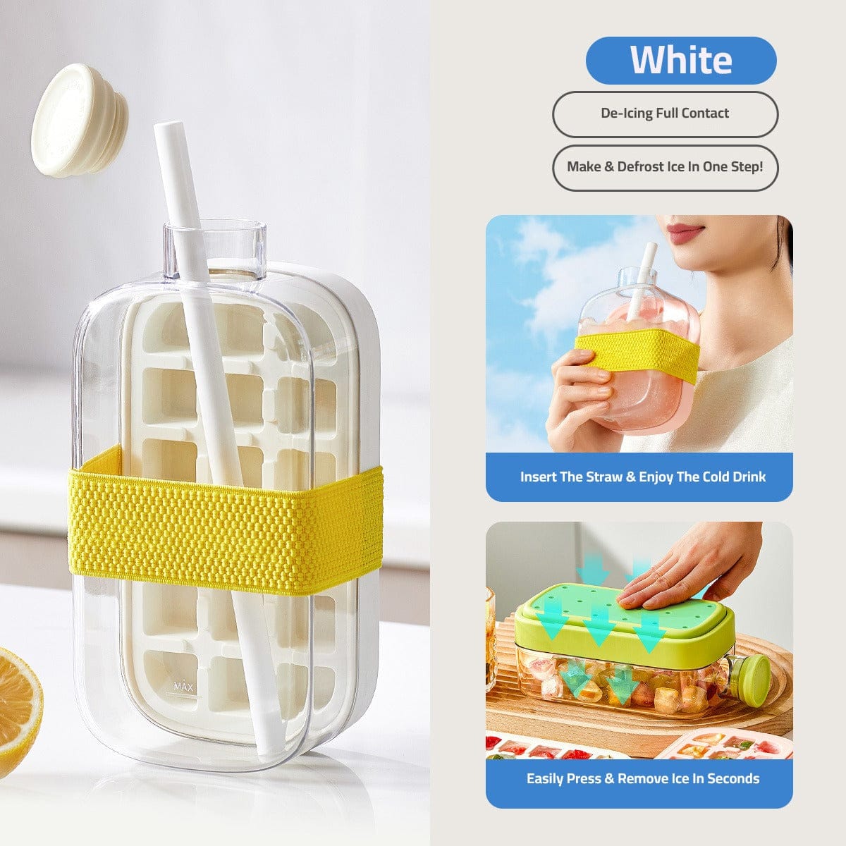 2-in-1 ice cube bottle with an integrated ice cube tray and a straw