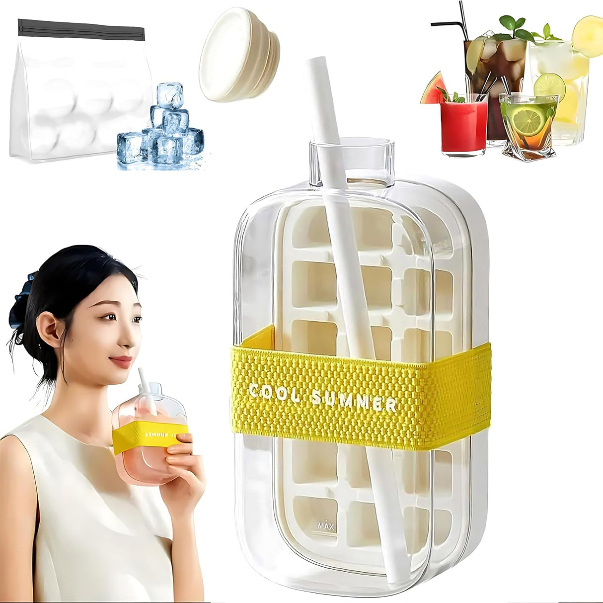 2-in-1 ice cube bottle with an integrated ice cube tray and a straw