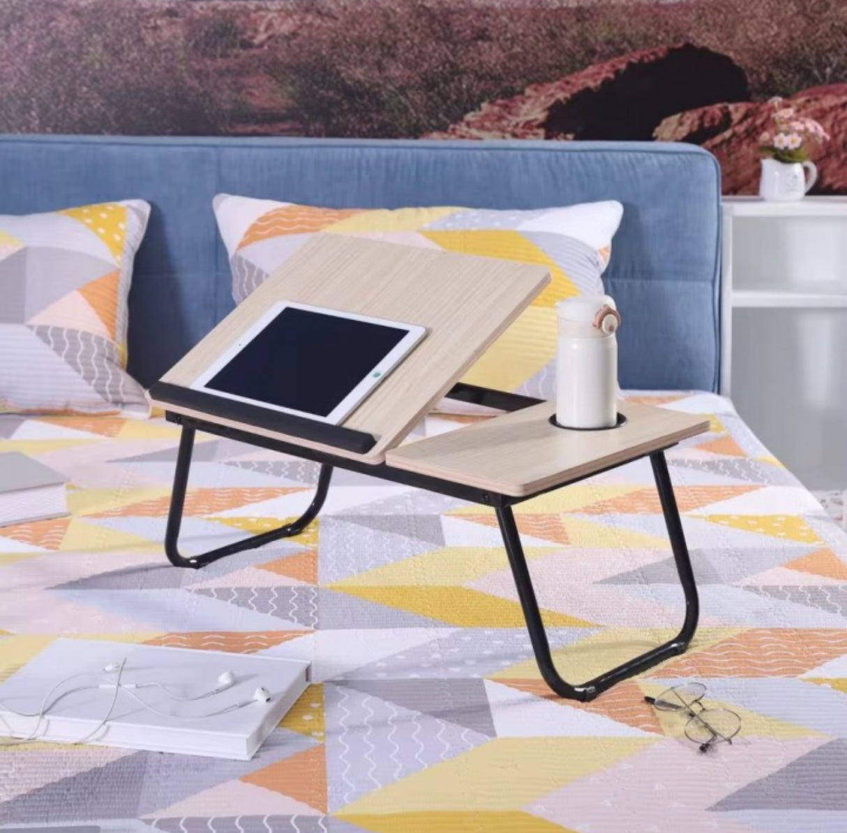 Adjustable Tilting Laptop Folding Table Stand Desk Bed Table with Foldable Legs for Laptop and Writing, Computer Tray with Cup Slot for Working, Reading on Bed