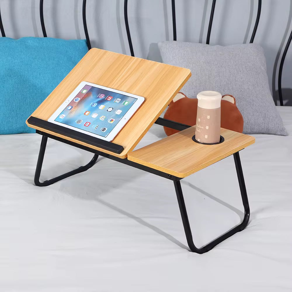 Adjustable Tilting Laptop Folding Table Stand Desk Bed Table with Foldable Legs for Laptop and Writing, Computer Tray with Cup Slot for Working, Reading on Bed