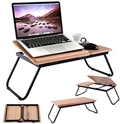 Adjustable Tilting Laptop Folding Table Stand Desk Bed Table with Foldable Legs for Laptop and Writing, Computer Tray with Cup Slot for Working, Reading on Bed