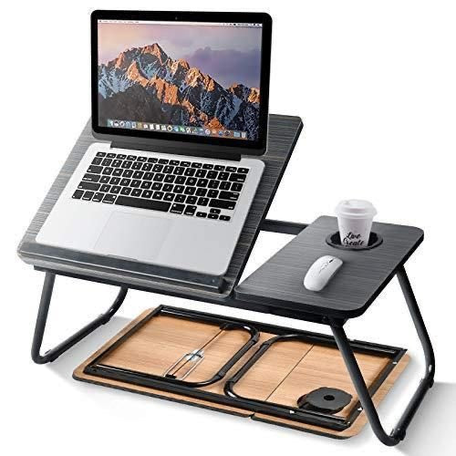Adjustable Tilting Laptop Folding Table Stand Desk Bed Table with Foldable Legs for Laptop and Writing, Computer Tray with Cup Slot for Working, Reading on Bed