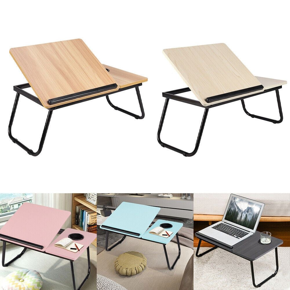 Adjustable Tilting Laptop Folding Table Stand Desk Bed Table with Foldable Legs for Laptop and Writing, Computer Tray with Cup Slot for Working, Reading on Bed