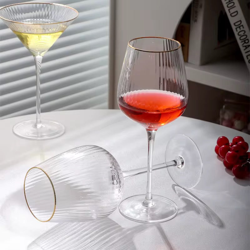 Wine Glasses, Vertical Pattern Gold Goblet Red Wine Champagne Cocktail Cup Family Bar Holiday Drinkware Mugs 6pcs set