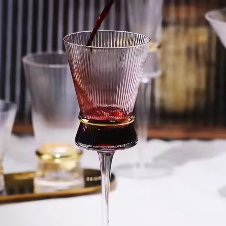 Luxury Style Ribbed Wine Glasses Lead-free Crystal Glass Gold Belt Striped Goblets Champagne Glasses 6pcs