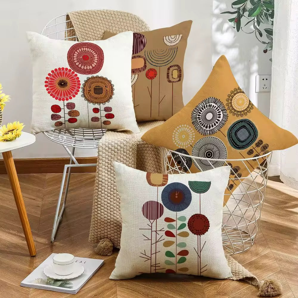 Cushion Cover, Set of 4 Cartoon Flowers Pattern Cotton and Linen Pillowcase Square House Sofa Cover 45 x 45 cm