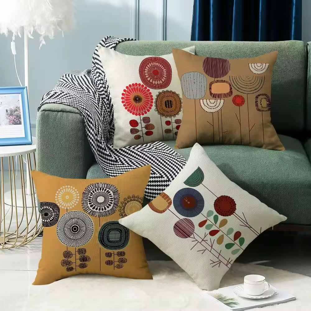 Cushion Cover, Set of 4 Cartoon Flowers Pattern Cotton and Linen Pillowcase Square House Sofa Cover 45 x 45 cm